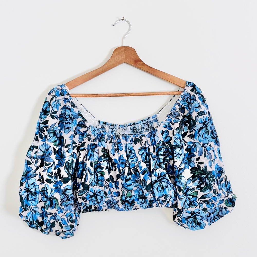 NWT White Closet Balloon Sleeve Crop Top in Blue Floral Print - Picture 2 of 6